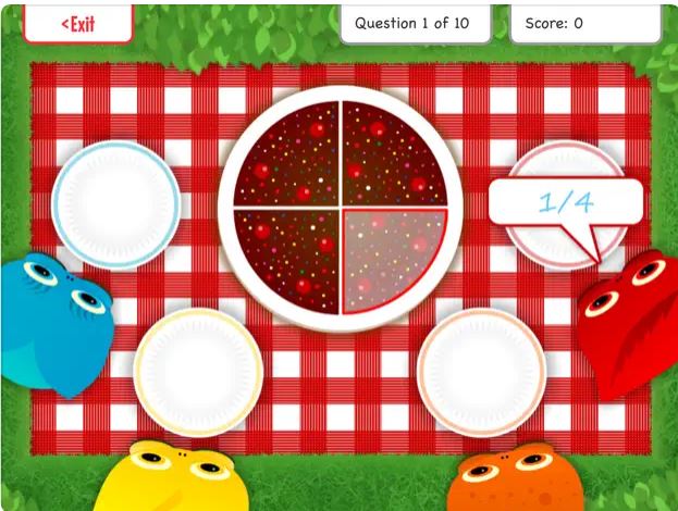 Screenshot of Squeezable the fractions online game showing illustration of picnic blanket with a pie in the middle and plates around the sides.