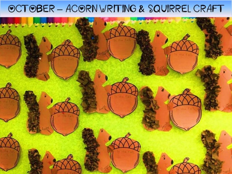 A bulletin board is shown with a neon green background. Little brown squirrels with 3-D bushy tails are shown holding acorns that have the writing prompt, "in the fall." Each squirrel and acorn is labeled with a student's name. 