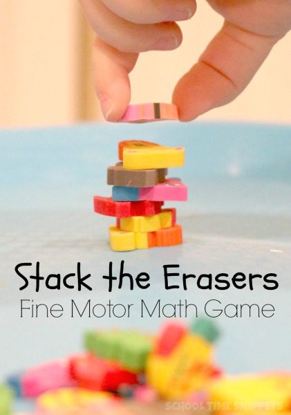 Small erasers are shown being stacked (fine motor activities)