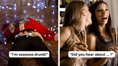 Collage of passed out Santa and two women gossiping with text 'I'm soooooo drunk!' and 'Did you hear about ...?