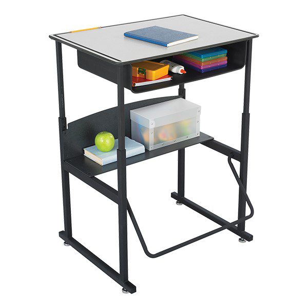 AlphaBetter Stand-Up Desk With Bookbox by Safeco filled with supplies
