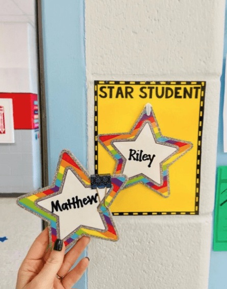 Instagram-worthy teacher hacks include this star student chart that has a yellow background that says Star Student and two stars with the names Riley and Matthew on them.