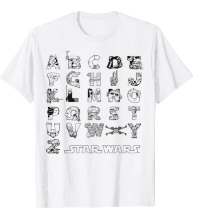 Star Wars alphabet letters white t-shirt, as an example of teacher t-shirts on Amazon