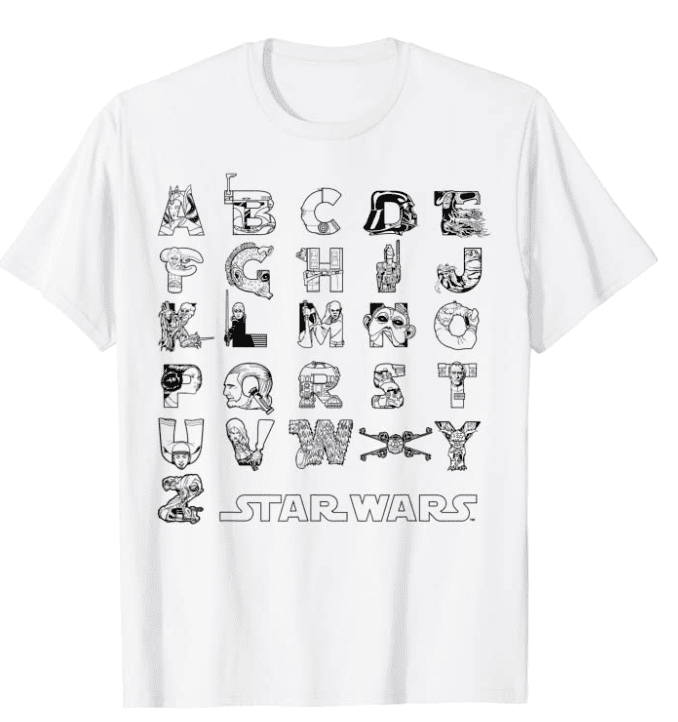 star-wars-alphabet-white-tshirt Star Wars alphabet letters white t-shirt