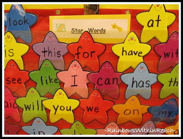 Fun word wall idea with words written on stars and displayed on a bulletin board