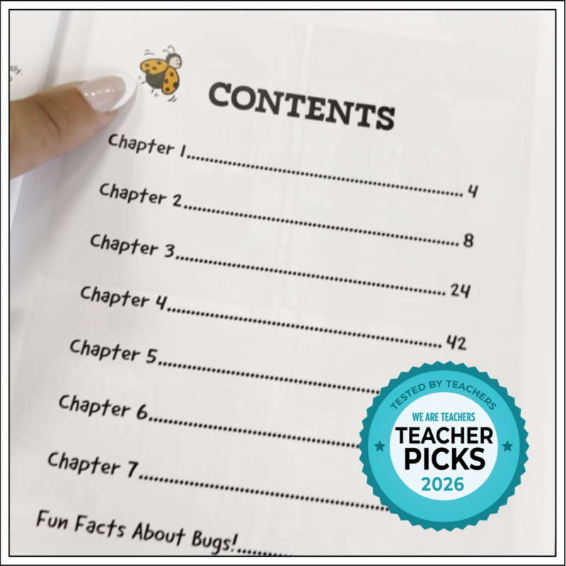 Star Chapter Books Table of Contents Teacher pointing to Star Chapter Books table of contents