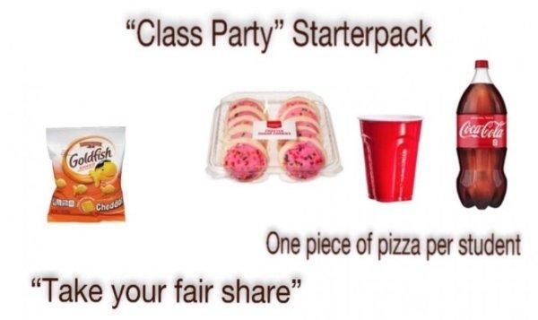 Text saying class party starterpack with photos of goldfish, cookies, red solo cup and Coca Cola