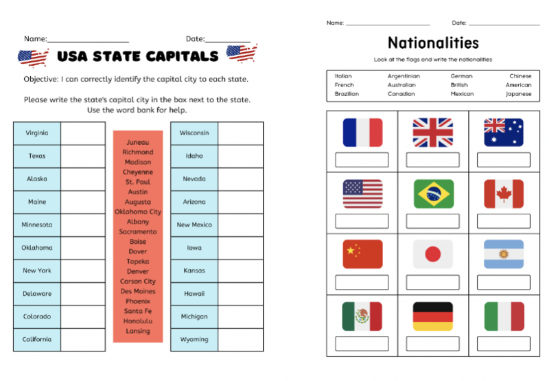 Capitals, states, and countries sheets