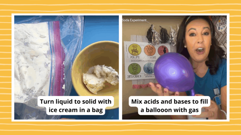 Collage of states of matter activities, including ice cream in a bag and baking soda balloon experiment
