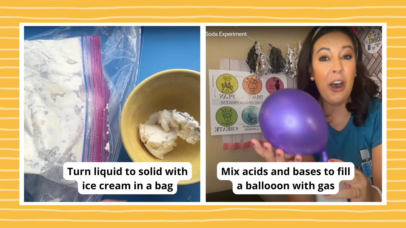 Collage of states of matter activities, including ice cream in a bag and baking soda balloon experiment