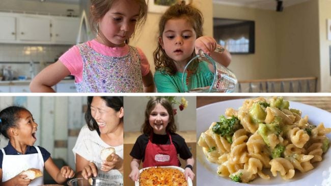Collage of kids in the kitchen cooking and baking (Spring Break Activities)