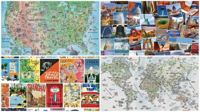 Collage of jigsaw puzzles including US and world maps