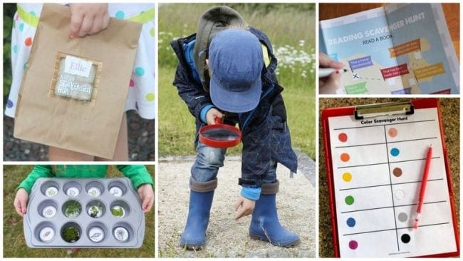 Collage of children's scavenger hunts and child with a magnifying glass