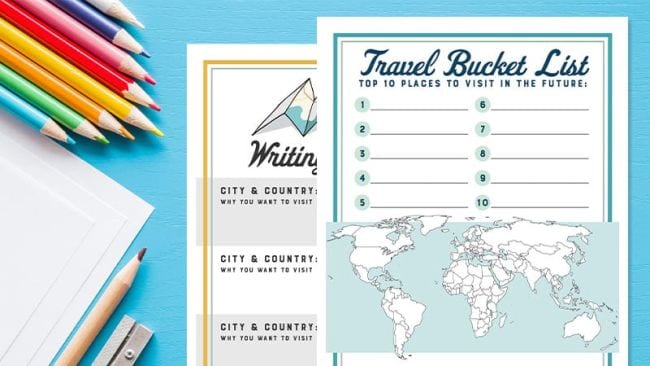Worksheet labeled Travel Bucket List with colored pencils (Spring Break Activities)