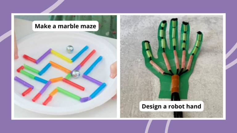 Collage of STEM Activities for Kids including marble maze and robot hand