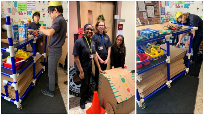 Collage of students working with cardboard and tools from a maker cart (STEM Activities)