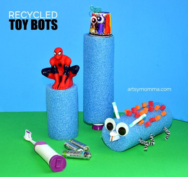 Toy bots made from pool noodles and electric toothbrushes