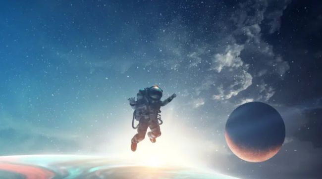 Illustration of an astronaut in a space suit, floating in space