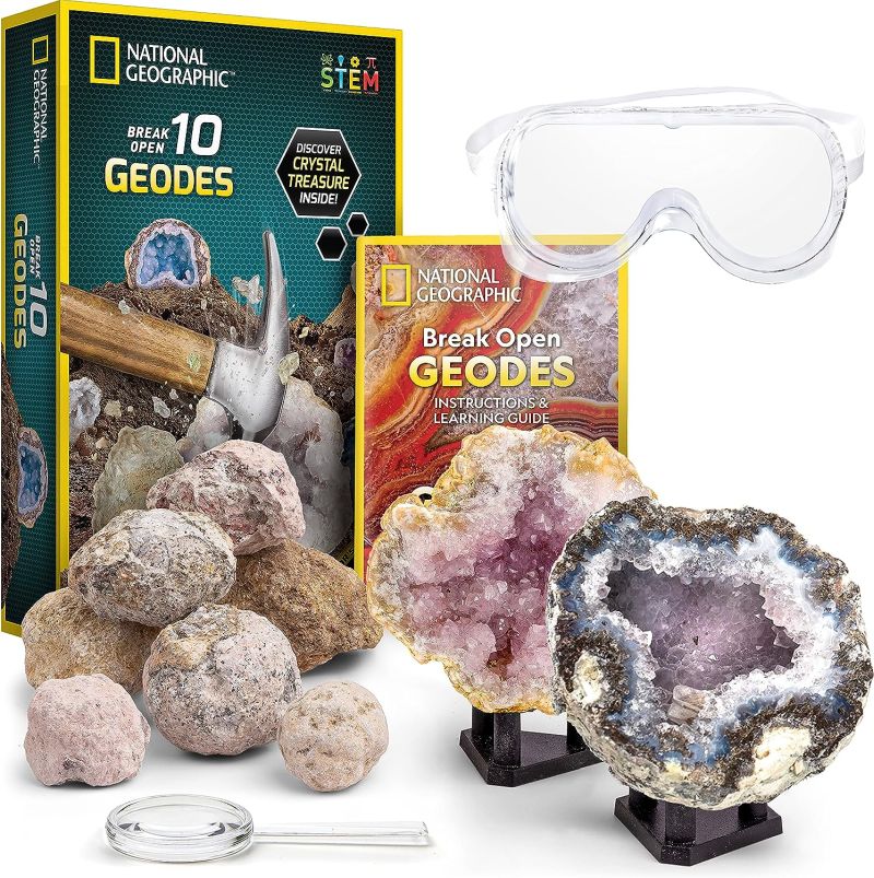 Geode cracking kit with goggles, magnifying glass, and display stands