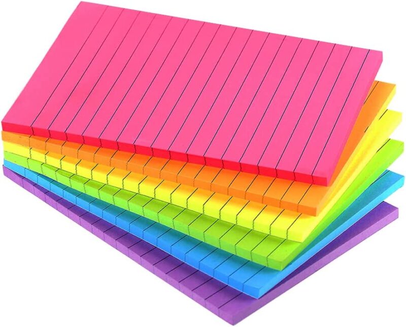 Stack of 6 lined sticky pads in assorted colors.