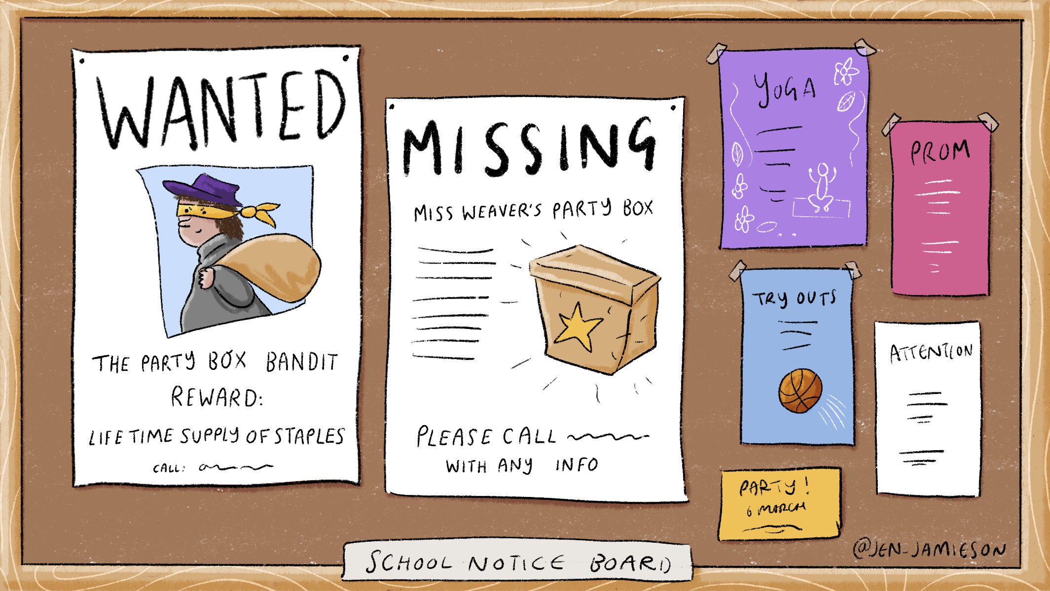 Illustration of bulletin board with Wanted and Missing posters