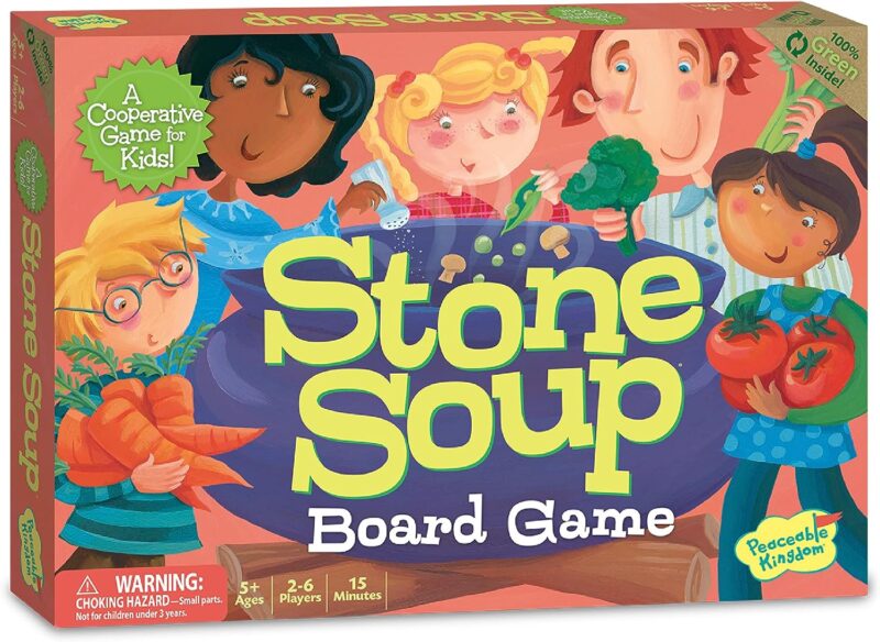 Several cartoon kids are shown around a cauldron of soup and text reads Stone Soup in this example of best cooperative board games.