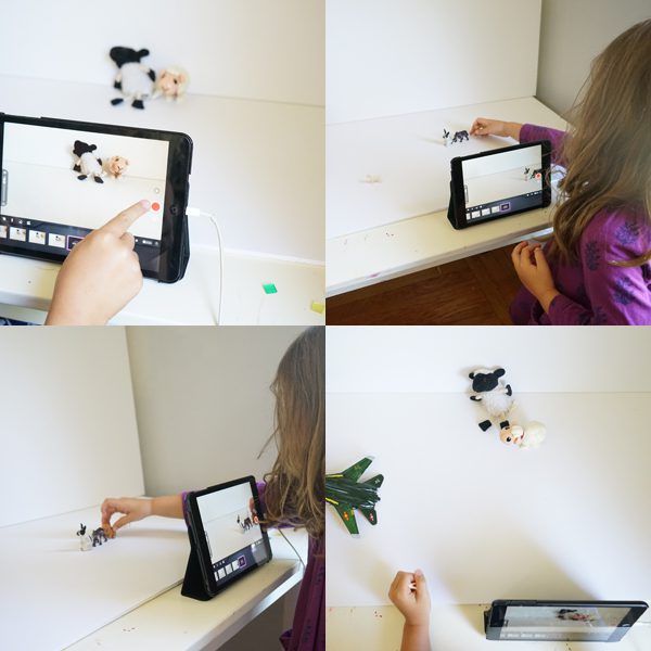 An image is divided into four separate images. There are small action figures in front of a tablet.