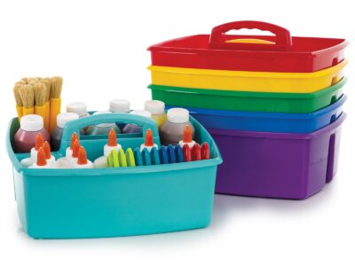 School supplies in colorful storage caddies