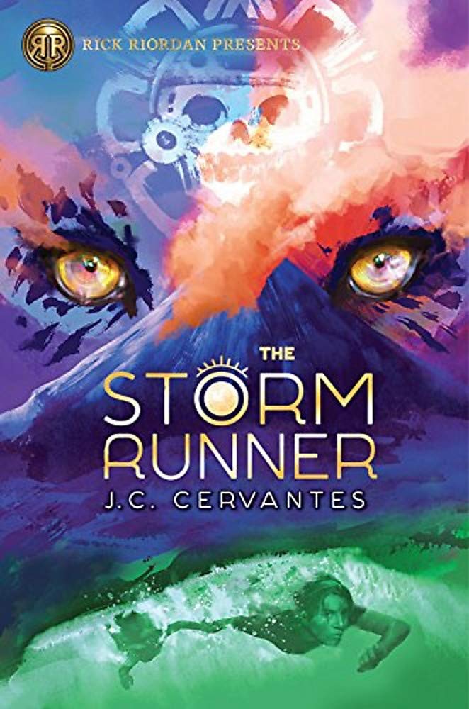 Book cover of The Storm Runner by J.C. Cervantes with illustration of a storm with eyes looking over mountains as an example of Hispanic Heritage Month books for kids.