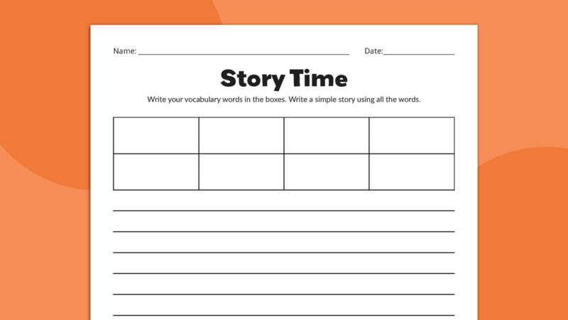 Flat lay of Story Time vocabulary  worksheet