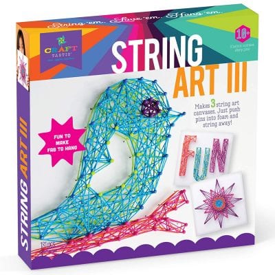 String Art project box with a photo of a bird made from blue string- art gifts for kids
