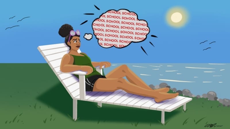 Teacher on a lounge chair with a thought bubble and the word school repeating
