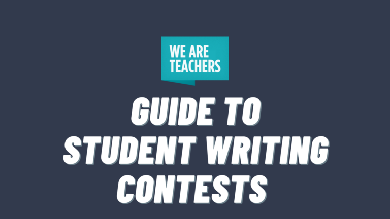 We Are Teachers logo and text that says Guide to Student Writing Contests on dark background