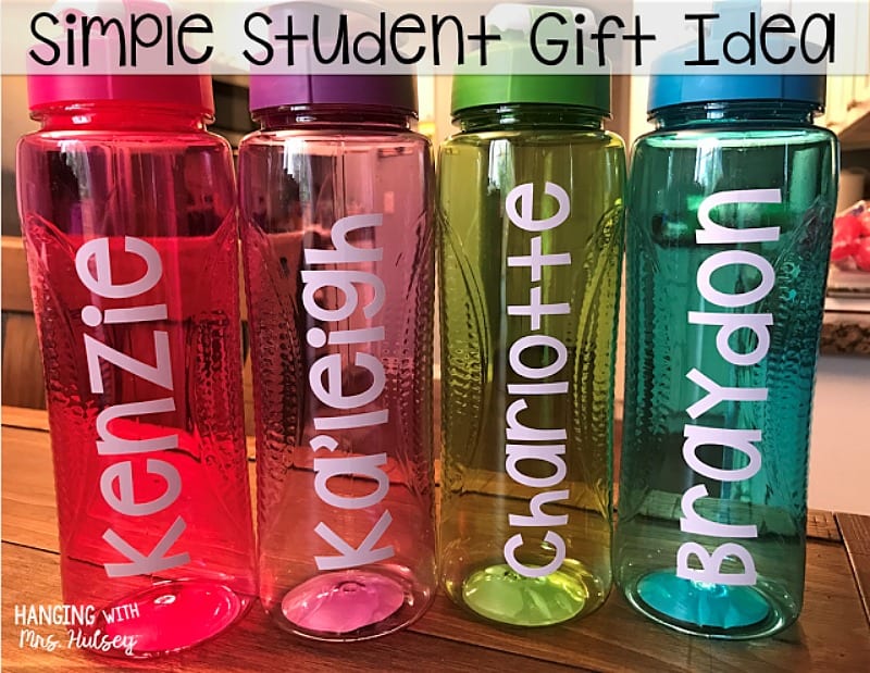 Colorful waterbottles with student names for a gift