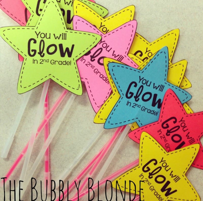 End of year student gifts made from glow sticks with star gift tags attached