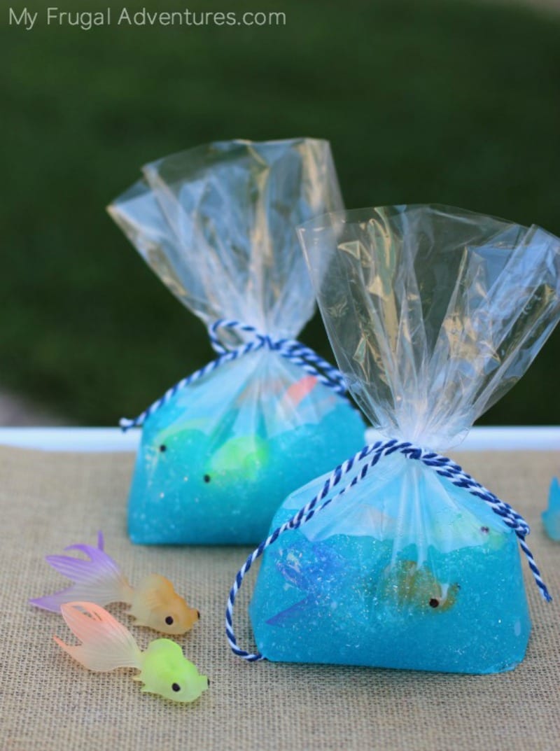 Blue slime tied in back with fish inside for student gift