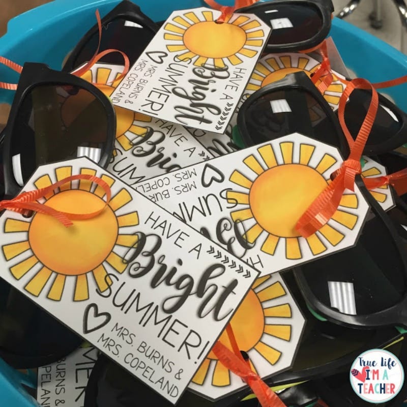 Bright sunshine gift tags adorn sunglasses 