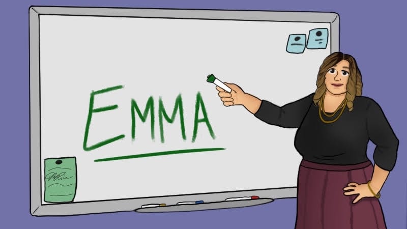 Teacher next to white board with Emma written in green