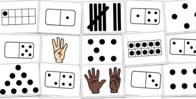 Printable subitizing cards with images like dominoes, ten frames, and hands