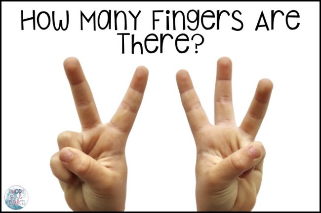 Two hands, one with two fingers held up and one with three fingers held up. Text reads "How many fingers are there?"
