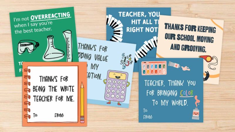 Six examples of subject-specific teacher thank-you cards.