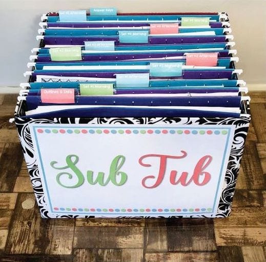 Sub tub filled with lessons, outlines, student info, and more for substitute teachers
