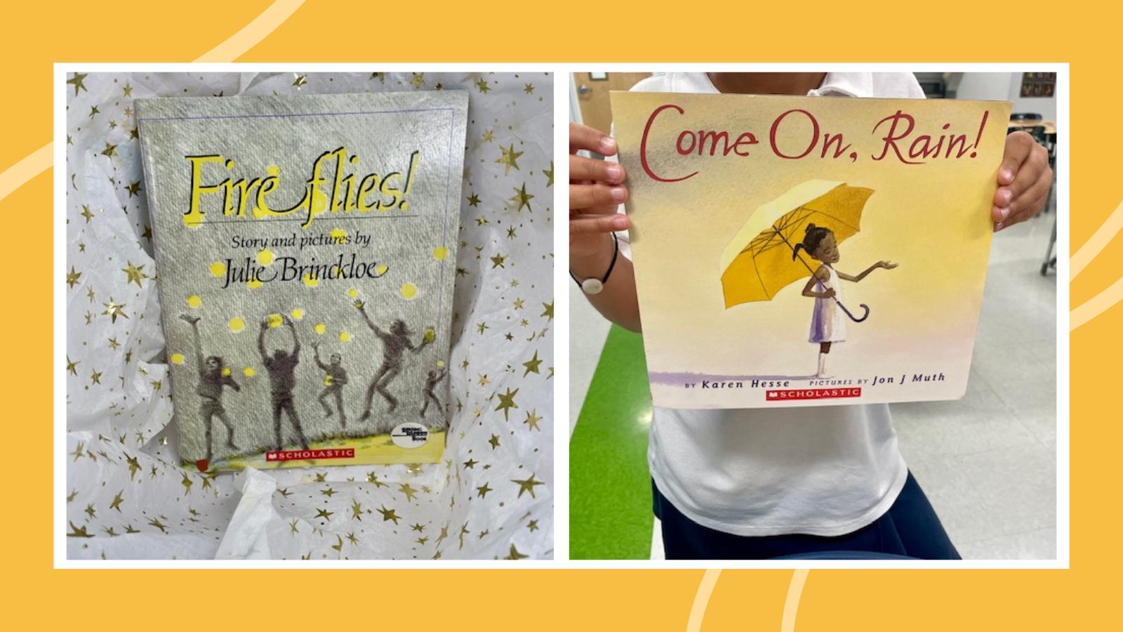 Summer read-aloud books called Come On Rain and Fireflies.
