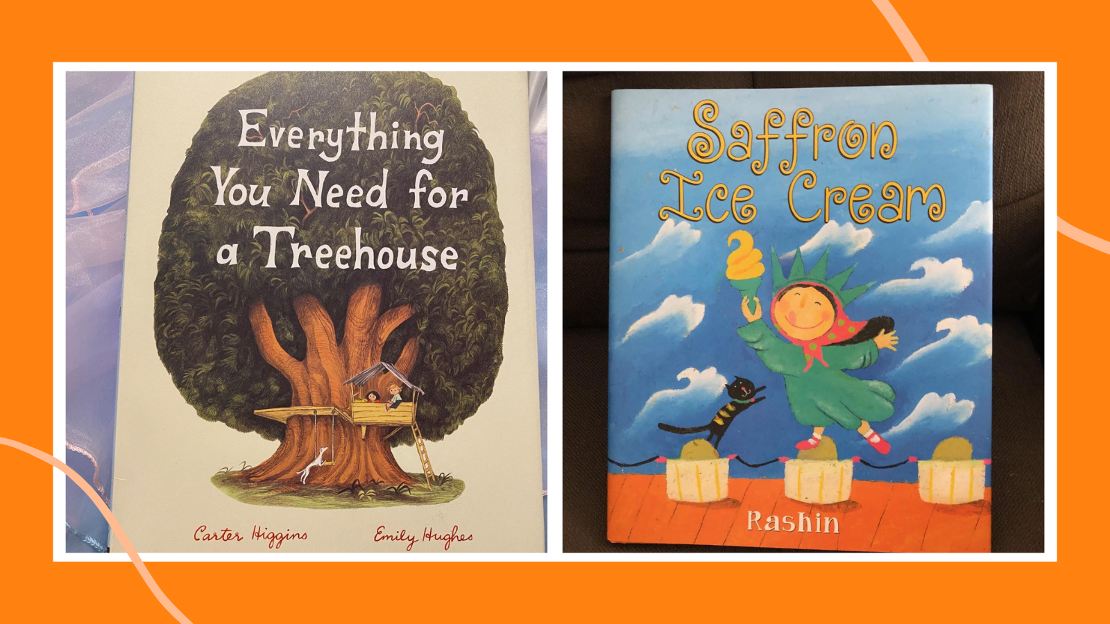 Summer read alouds on an orange background including Saffron Ice Cream and Everything You Need for a Treehouse.