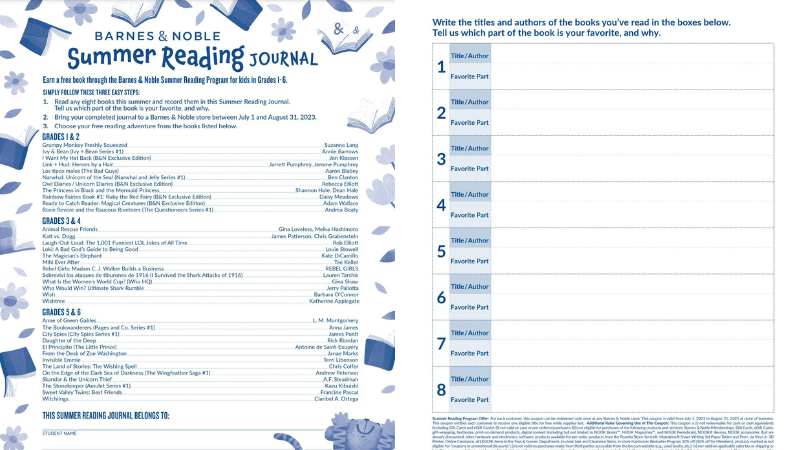 Two printouts of the Barnes and Noble Summer Reading Journal for 2023.