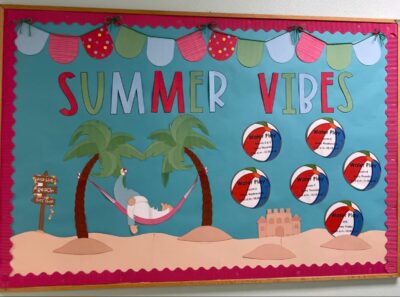 Summer vibes beach balls and beach scene bulletin board 