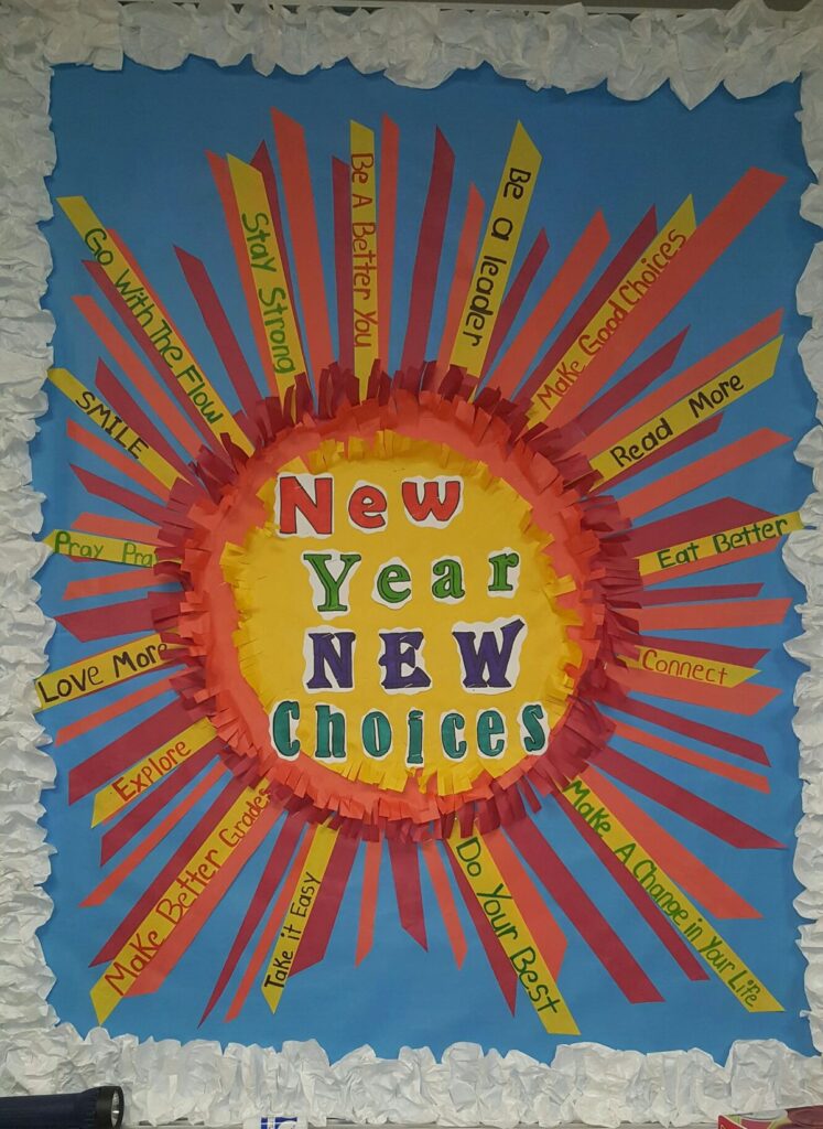 New year bulletin board ideas include this one of a sun that says New Year New Choices. The rays have choices kids can make on them.