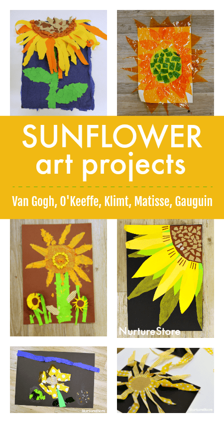 Six sunflower pictures are examples of fall art projects. They are pieced together as collages made from tissue paper and other materials. Text reads "Sunflower art projects." 