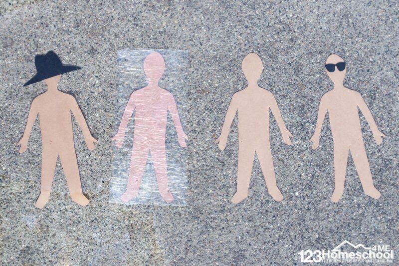 Four construction paper people are shown. One is wearing a hat, one is wrapped in plastic wrap, one is plain, and one is wearing sunglasses.