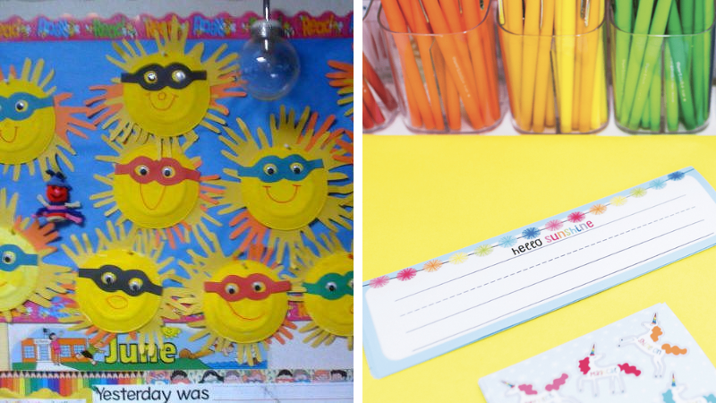Examples of sunshine classroom theme ideas including sunshine hand crafts and Hello Sunshine nameplates.